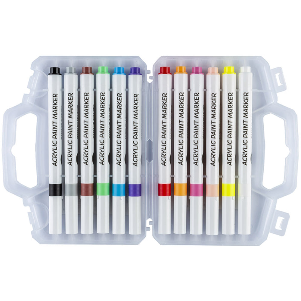 Set 12 markere acrilice, Zola, pentru hartie, piatra, sticla, ceramica, lemn, textile, panza, uscare rapida, cutie depozitare, multicolore Set 12 markere acrilice, Zola, pentru hartie, piatra, sticla, ceramica, lemn, textile, panza, uscare rapida, cutie depozitare, multicolore